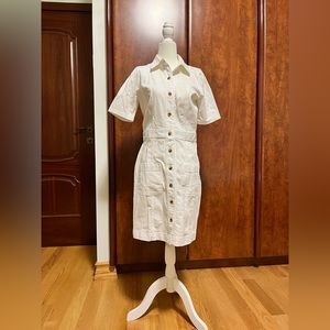 White denim shirt dress with contrasting buttons